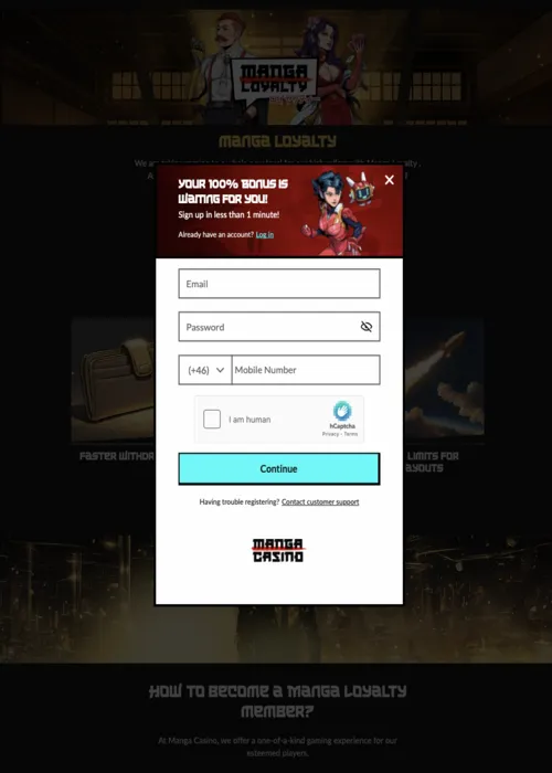 Snelle speler registratie formulier Manga Casino